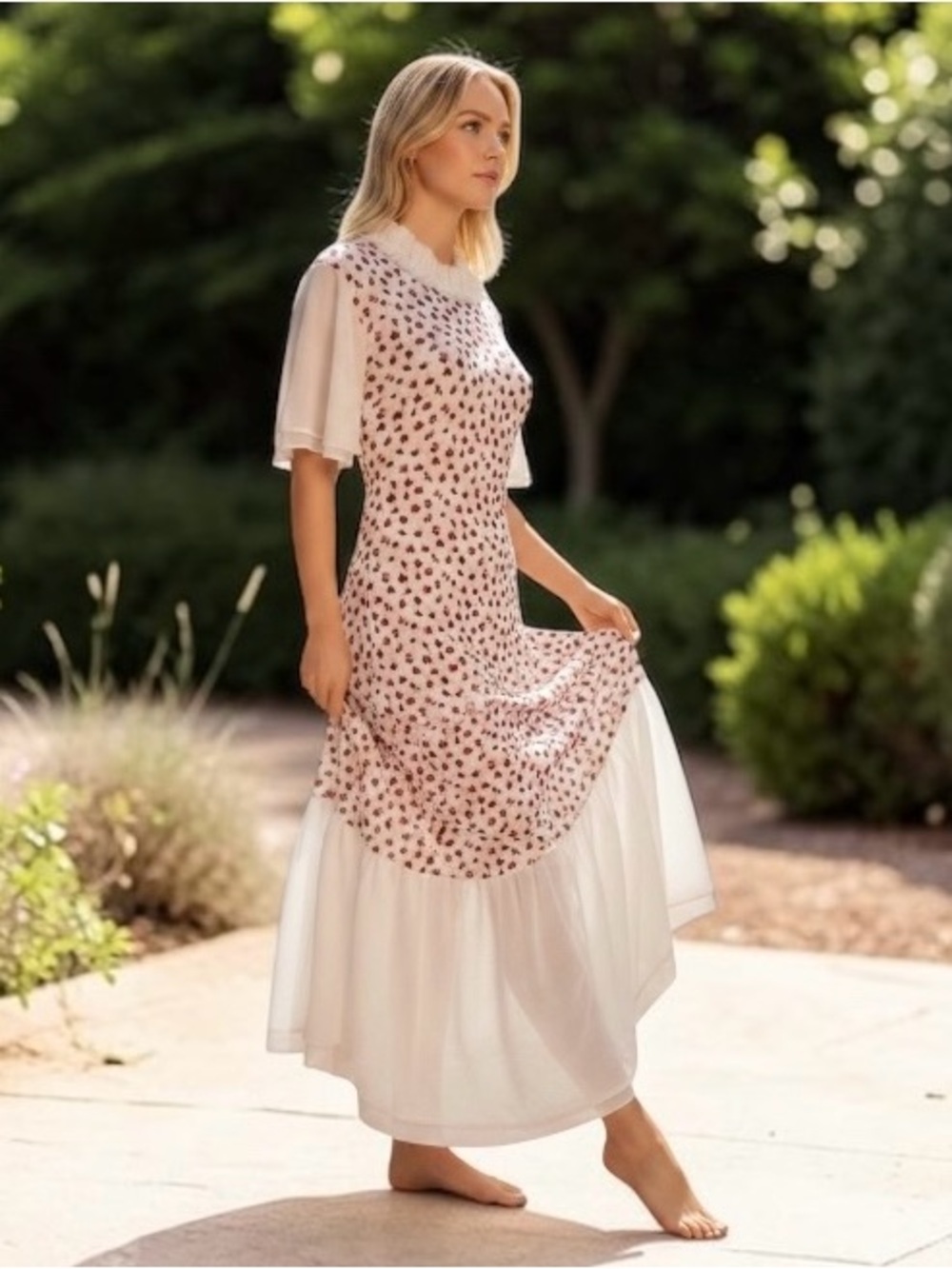 Katie May Prairie Maxi Dress Ditsy Floral Flutter Sleeve Ruffle Collar Sz XS